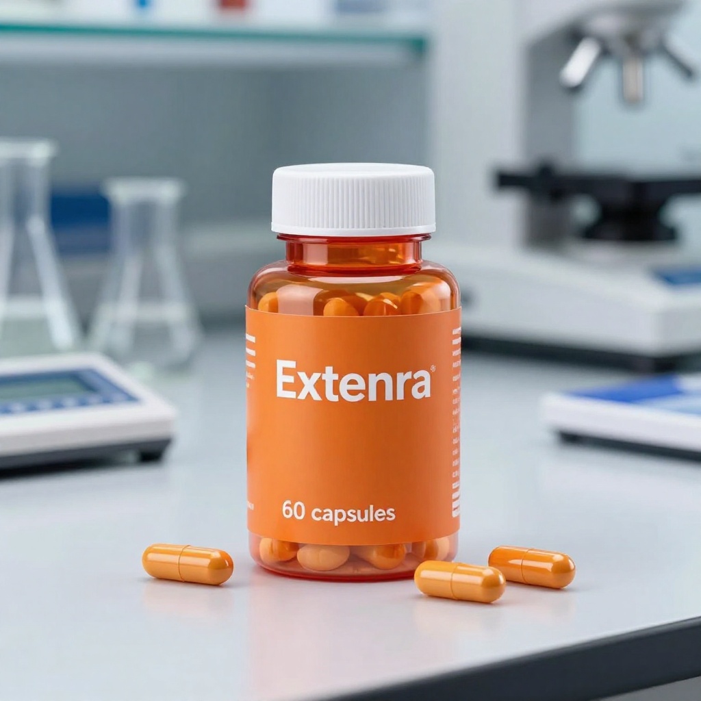 Extendra supliment natural în ambalaj elegant albastru, produs pentru îmbunătățirea circulației sanguine și susținerea funcțiilor fiziologice, pe fundal neutru medical